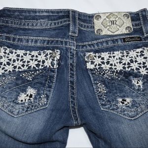 Miss Me lace pocket rhinestone skinny jeans sz 26